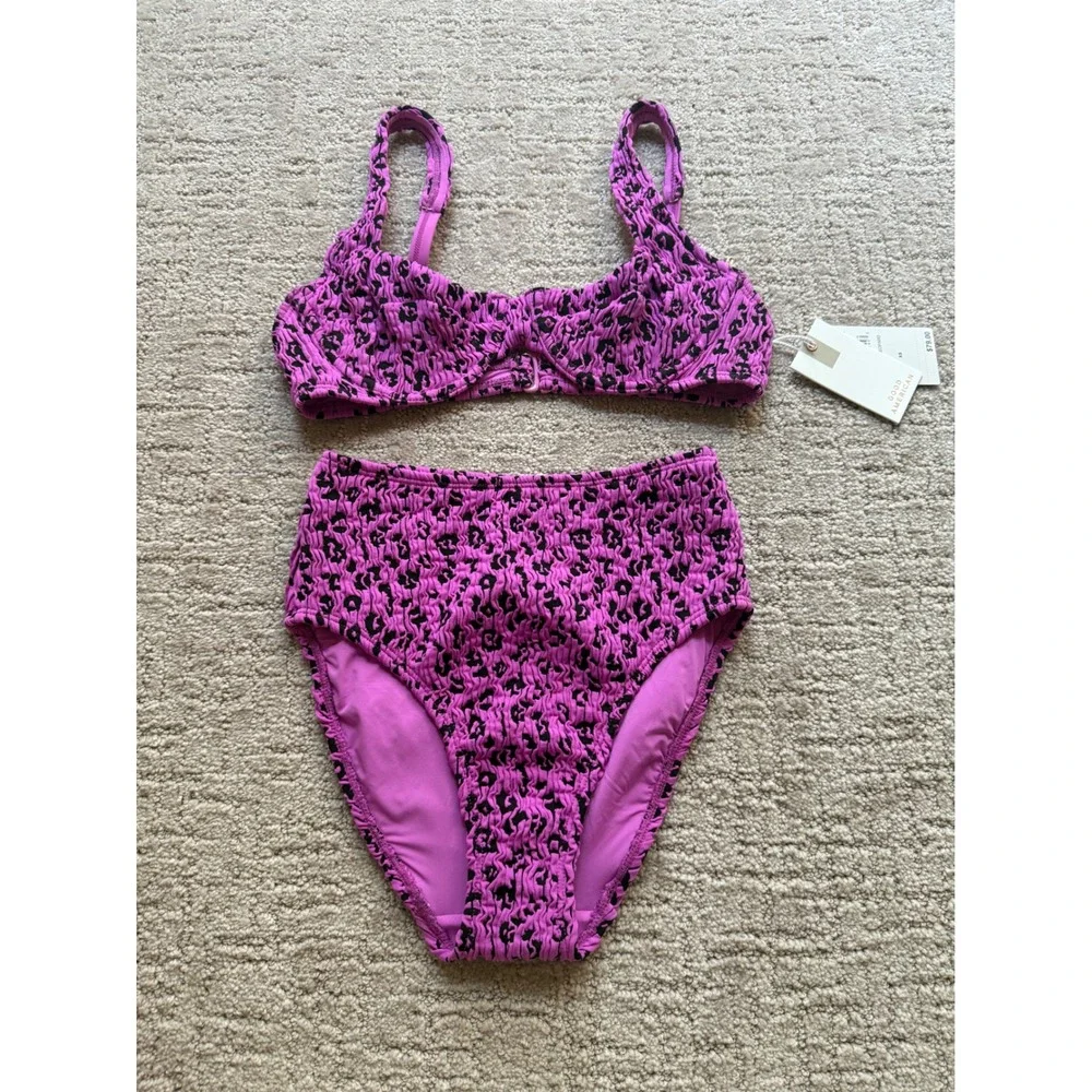 Good American Bikini Set Women XS Purple NWT Animal Print Smocked High Waist